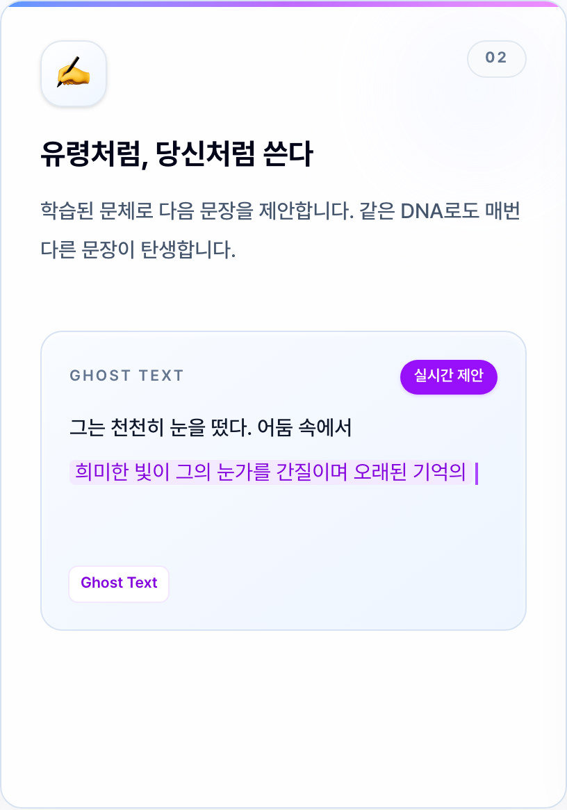 현재 문장 뒤에 문체 DNA를 반영한 다음 문장을 제안하는 3rdWriter Ghost Text 공개 기능 화면